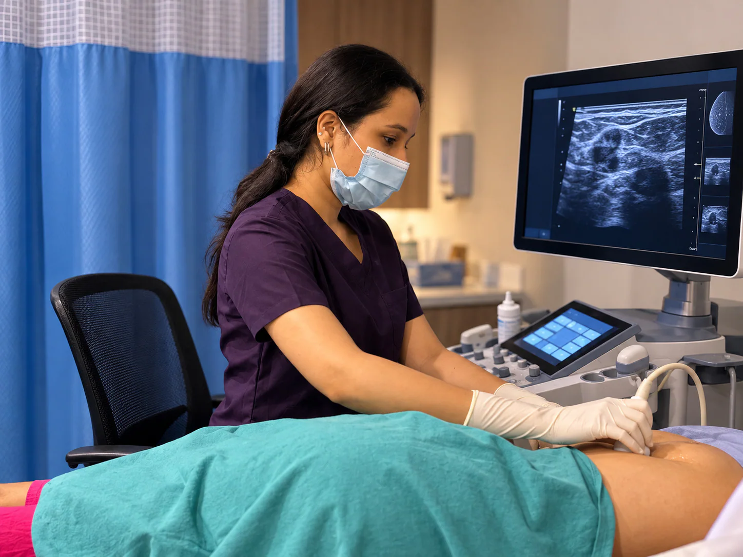 Dr. Pranjali Joshi reviewing mammography images at a workstation