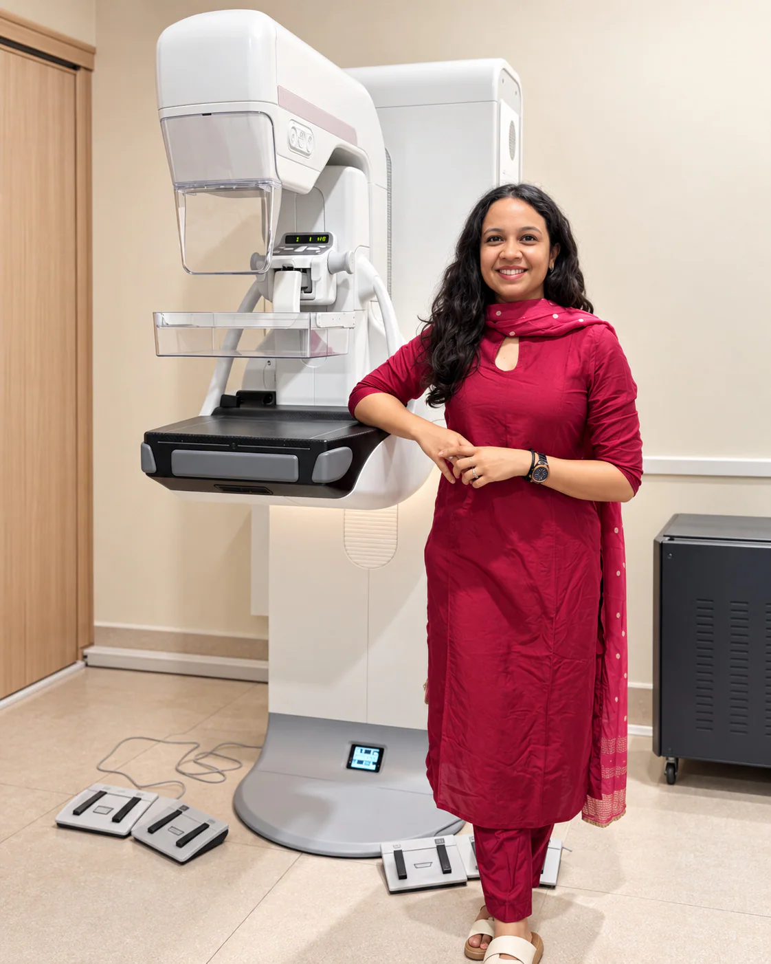 Dr. Pranjali Joshi standing beside a mammography machine