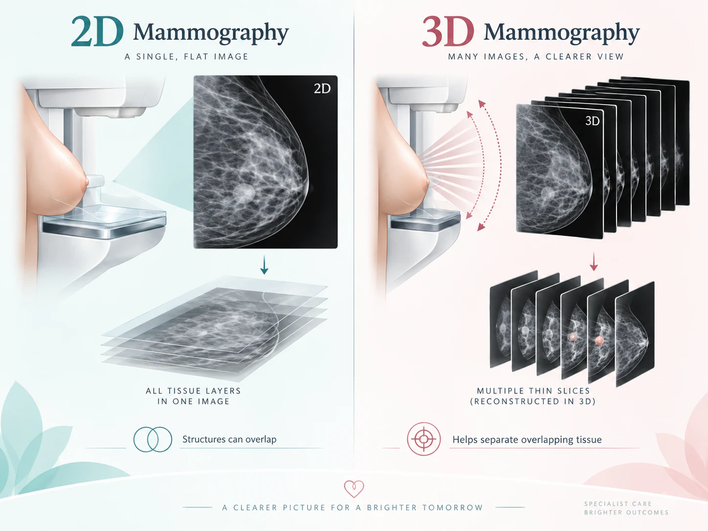 Difference between 2D mammography and 3D breast tomosynthesis