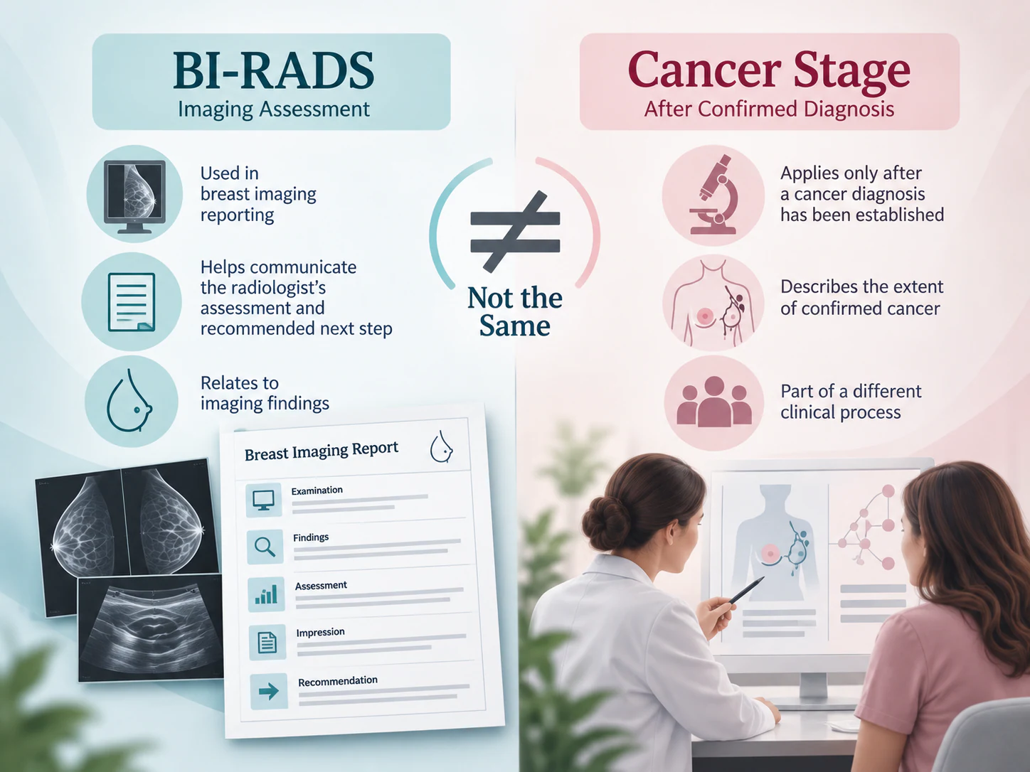 Illustration distinguishing BI-RADS imaging assessment from cancer stage