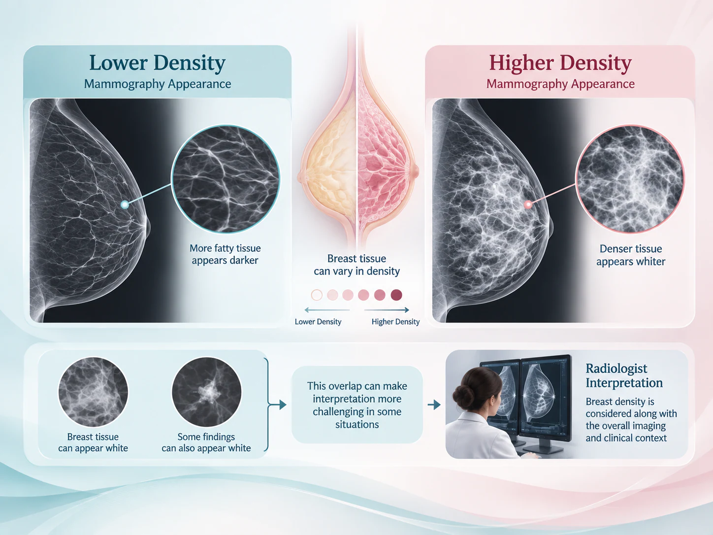 Illustration showing how breast density affects mammographic appearance