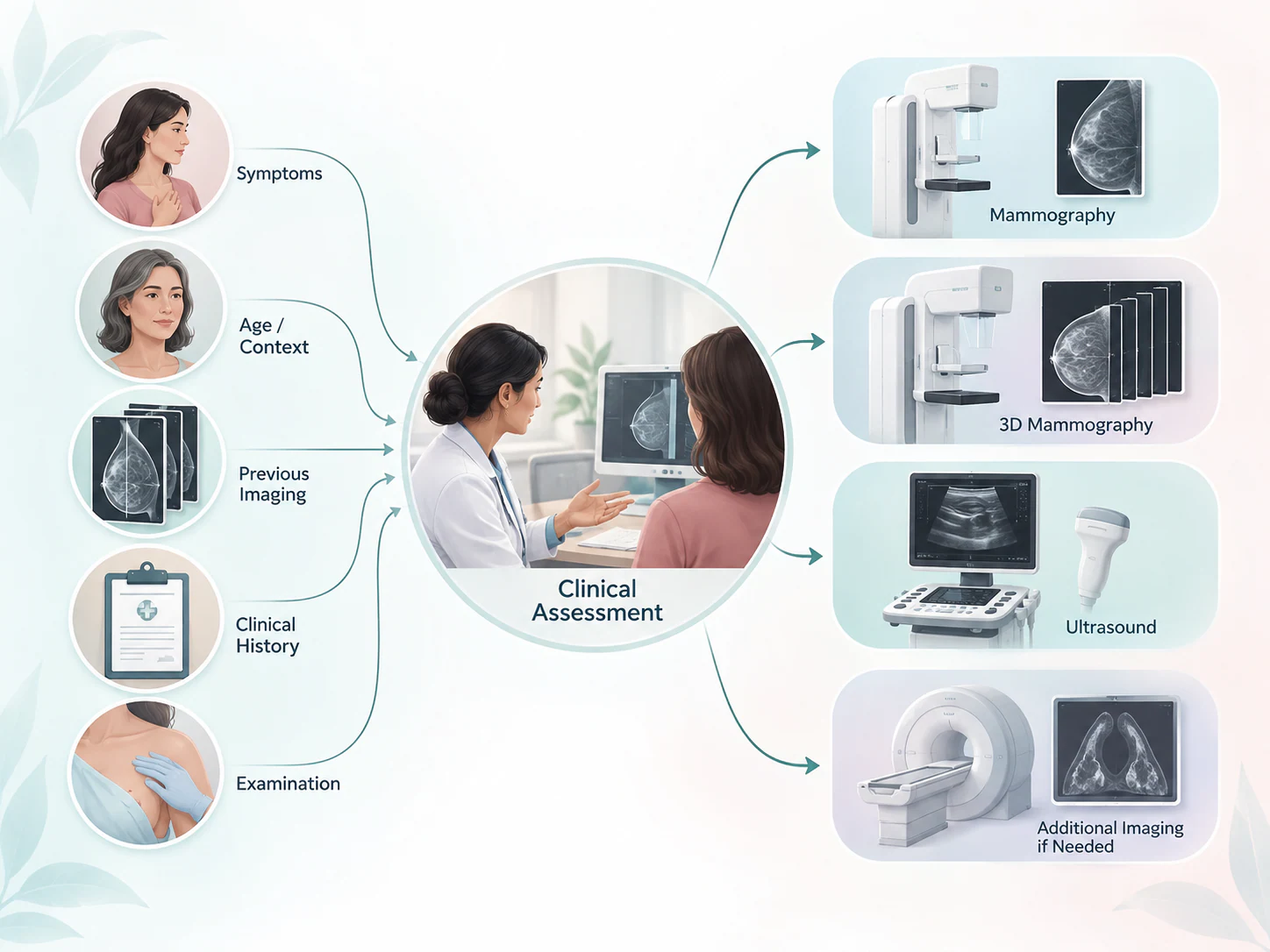 Breast imaging tests may be selected based on the clinical assessment