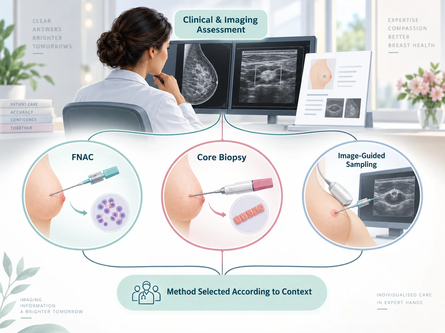Breast sampling method selection based on imaging, clinical context and required information