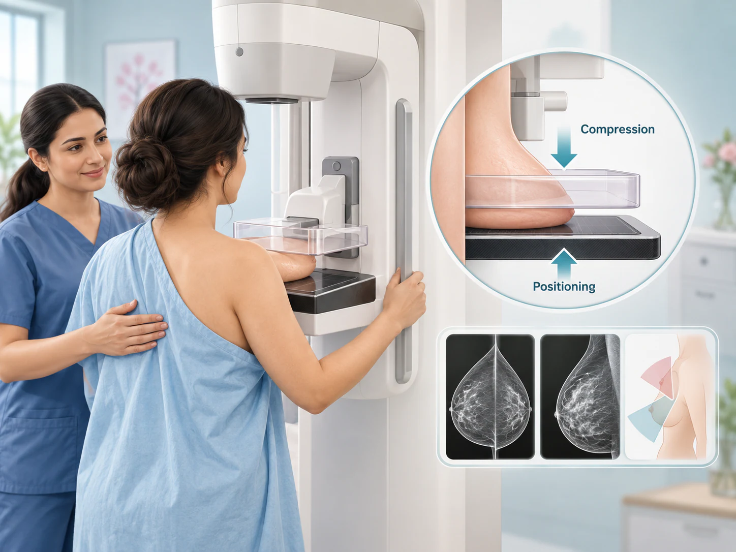 Mammography positioning and breast compression