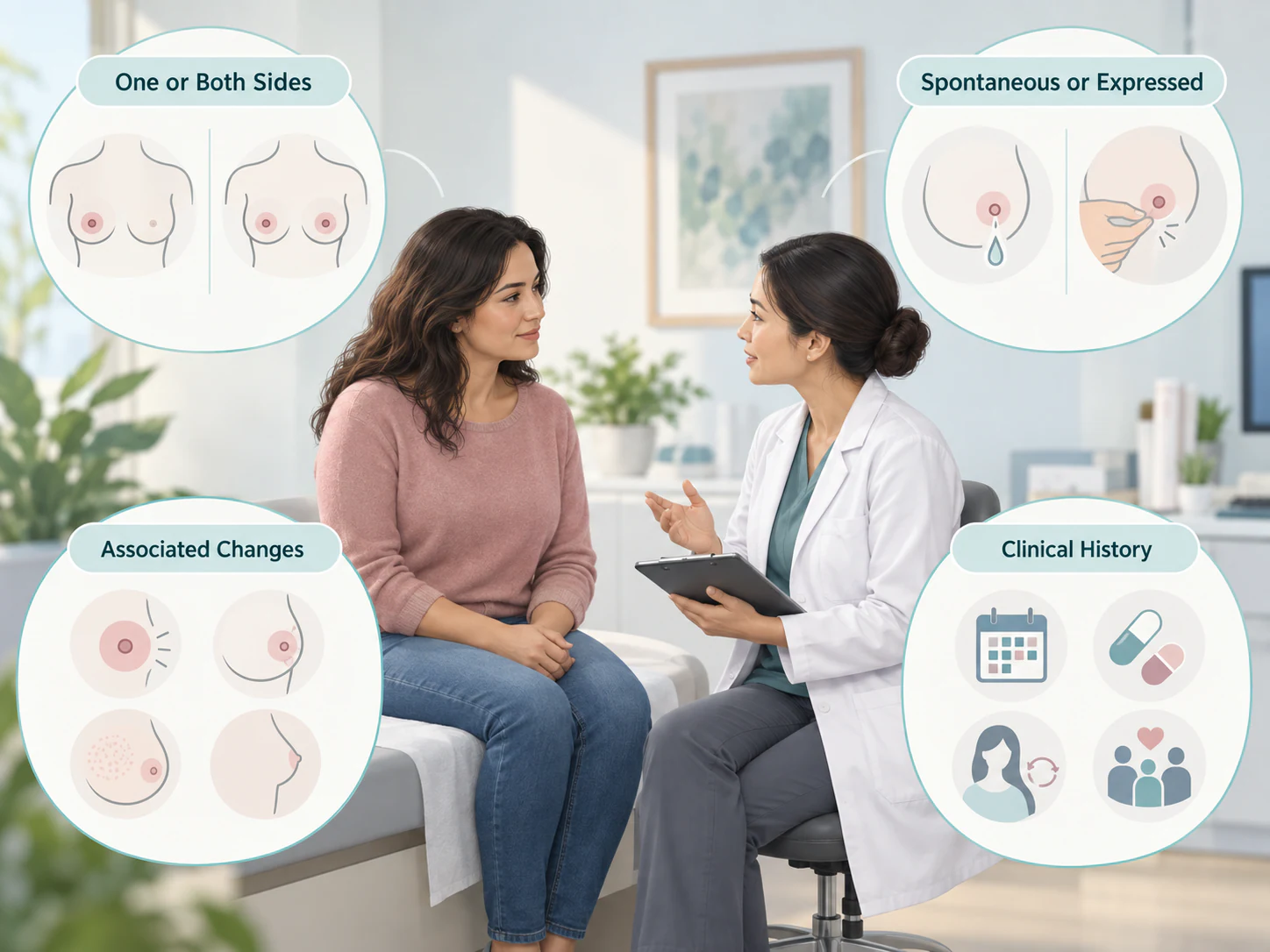 Details to note about nipple discharge before assessment