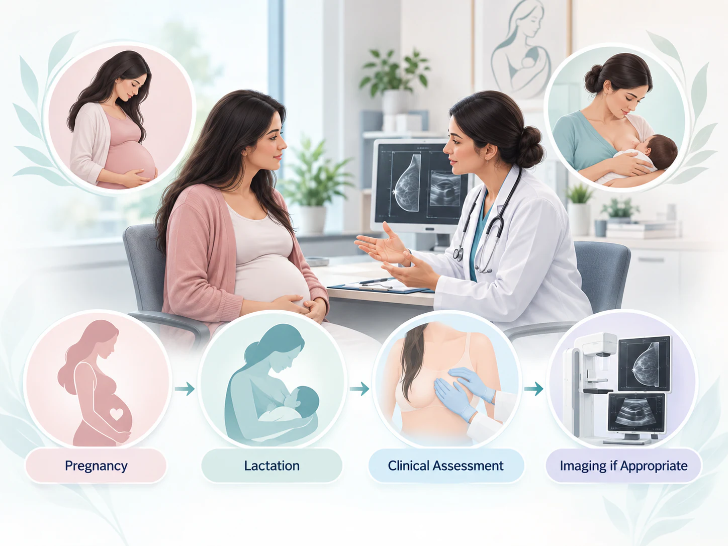 Pregnancy and lactation can be relevant to breast assessment